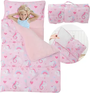 Toddler Nap Mat with Detachable Pillow & Blanket - Soft Plush Minky Fleece Kids Sleeping Bag for Daycare, Preschool & Travel - Portable Roll-Up Design with Carry Handle - Boys Girls Ages 3 