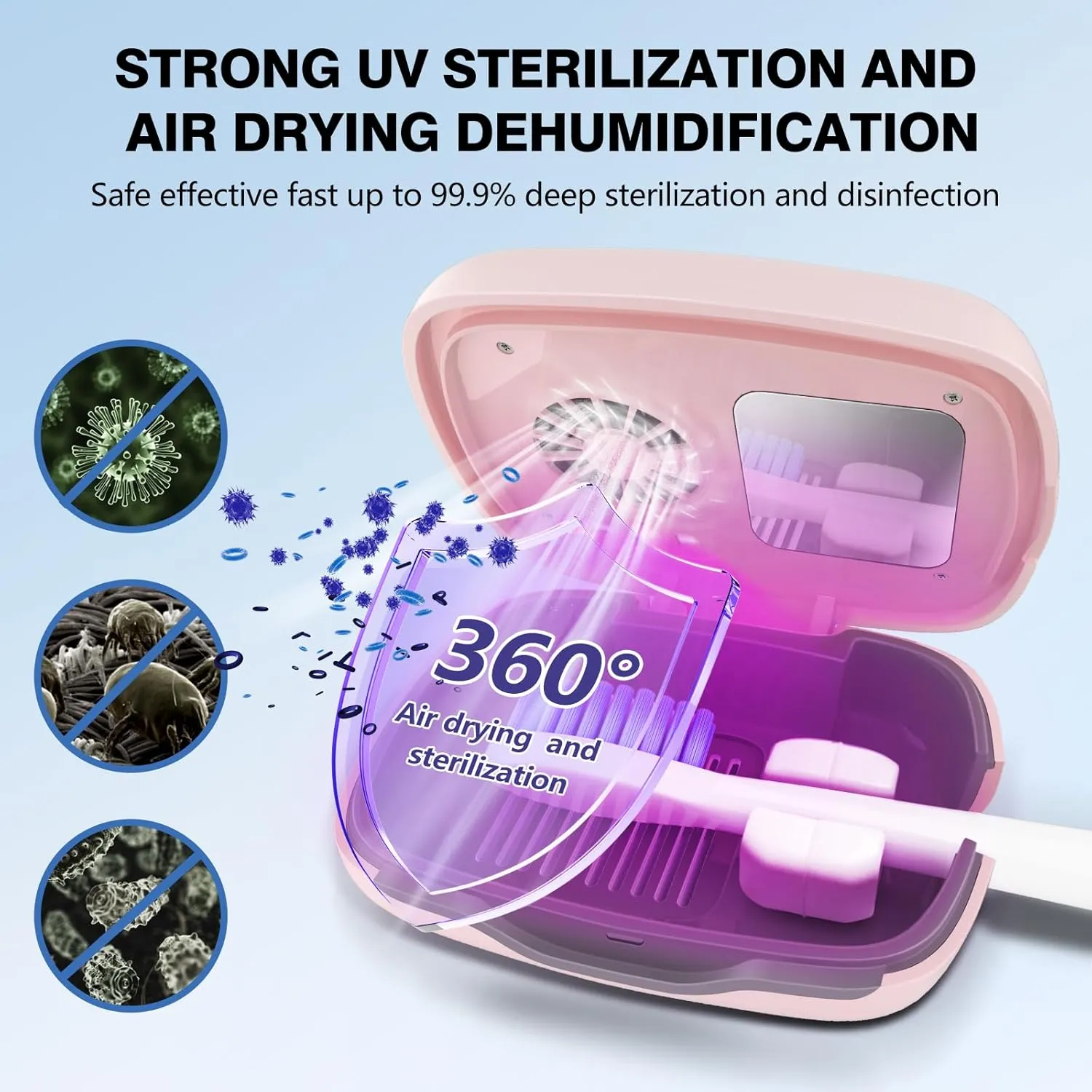 Toothbrush Covers Case and Holder with Light,Toothbrush Covers with Holder, Rechargeable Portable Toothbrush Cleaner Case, Toothbrush Box Fan with Dryer（Pink）