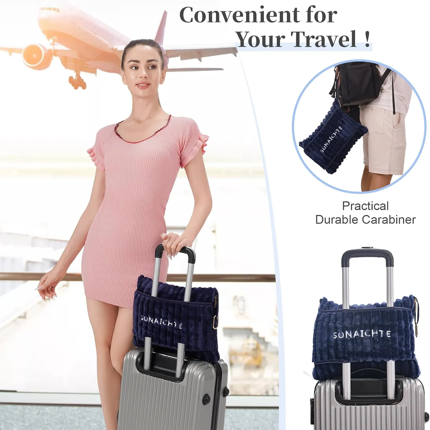Travel Pillow and Blanket Set Travel Blanket Airplane Compact with Bag Travel Blanket Airplane Travel Essentials Car Blankets for Adults (Navy Blue)