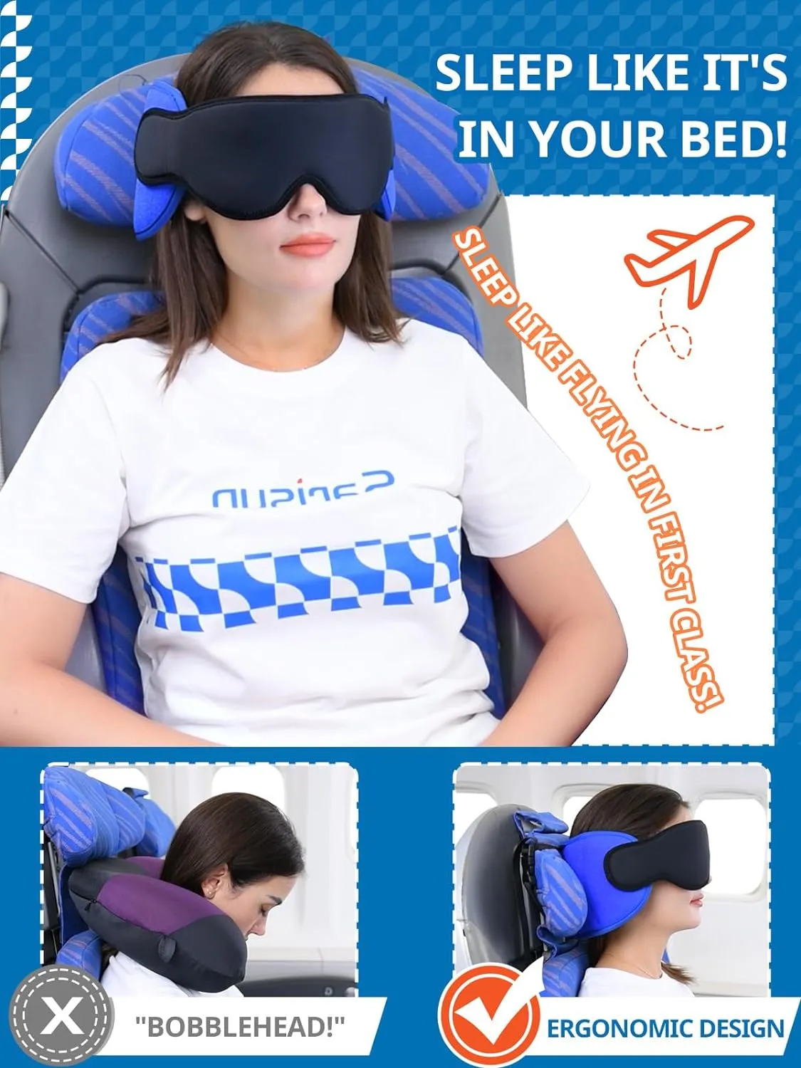 Travel Pillows for Airplanes, Airplane Pillow for Long Flight, Airplane Head Strap with Sleep Eye Mask, 360° Headrest for Car Trip, Stop Bobblehead, FSA HSA Eligible Approved, Mottled Blue