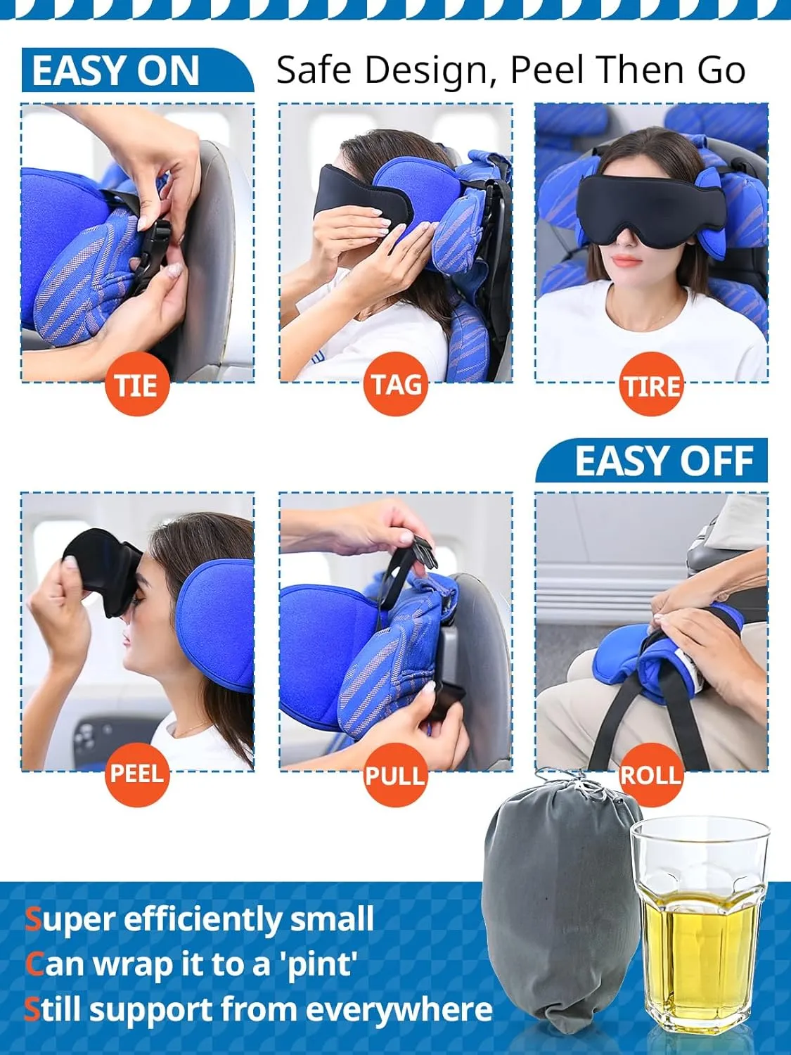 Travel Pillows for Airplanes, Airplane Pillow for Long Flight, Airplane Head Strap with Sleep Eye Mask, 360° Headrest for Car Trip, Stop Bobblehead, FSA HSA Eligible Approved, Mottled Blue