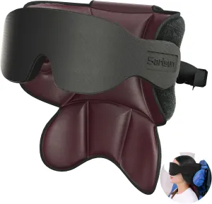 Travel Pillows for Airplanes, Neck Airplane Pillow with Eye Mask for Sleeping, 360° Support Headrest, Portable Travel Essentials, Adjustable Airplane Head Strap for Most Seat, Brown Red