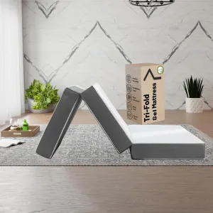 Treaton, 5-Inch Tri-Folding Gel Memory Foam Portable Floor Mattress | Breathable Mesh, Ultra Soft, Cot Pad, Removable and Washable Cover, Comfortable Support, Therapeutic Qualities, 25-Inch, White