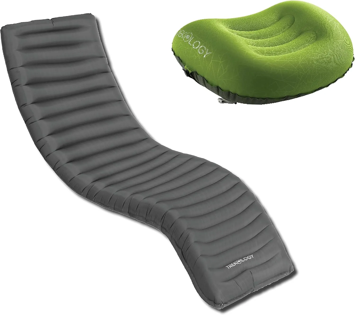 TREKOLOGY ALUFT2.0(Green) & UL Sleeping Pad-Compressible, Compact, Comfortable, Ergonomic Inflating Pillow, Inflatable Camping Mat for Travel, Camping, Hiking. Compact Lightweight Sleeping System.