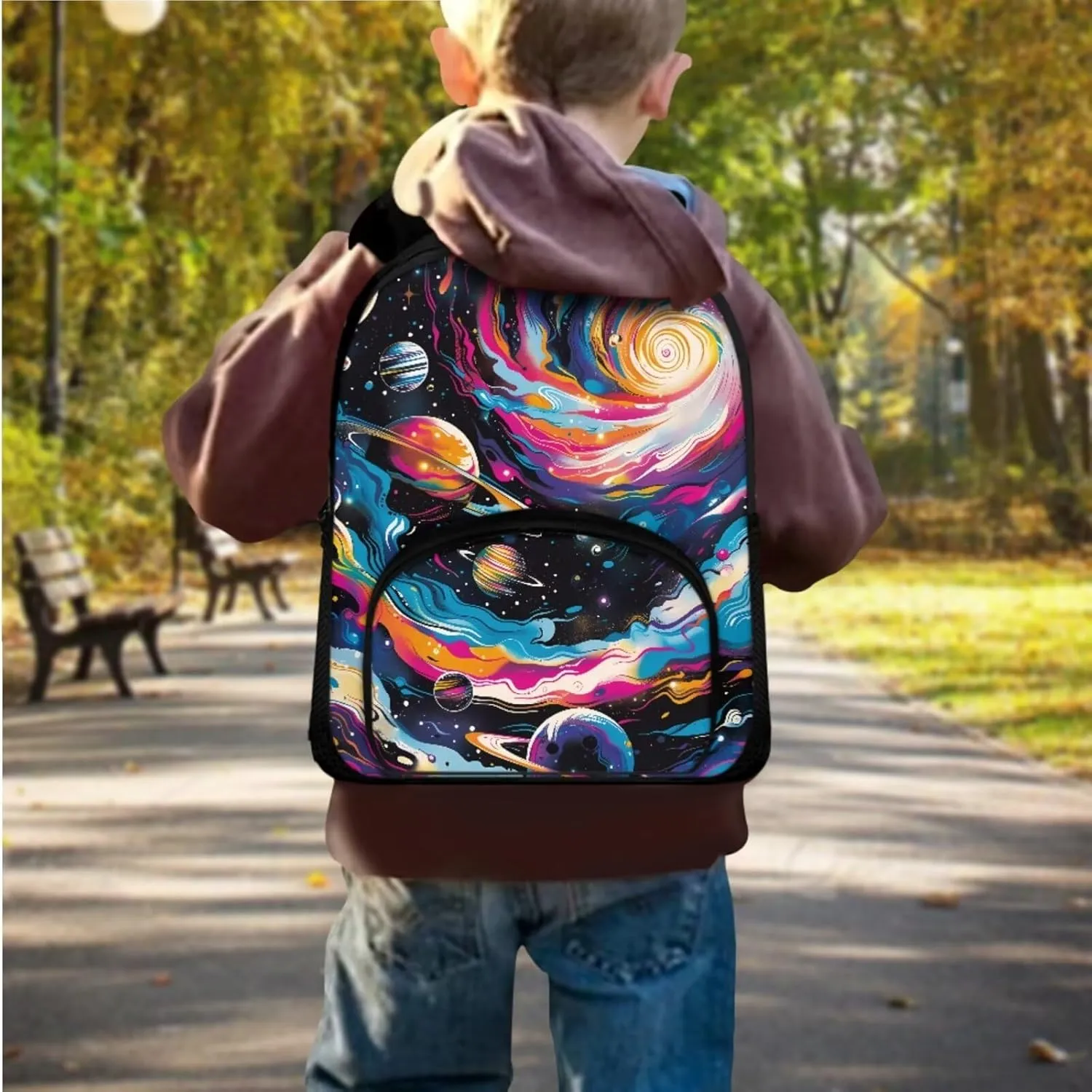 Trippy Galaxy Backpack for Boys Girls Solar System School Backpack Sets with Lunch Box Pencil Case Lightweight 12 Inch Bookpack 3 in 1 Set for Teens Preschool Elementary School Students