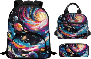 Trippy Galaxy Backpack for Boys Girls Solar System School Backpack Sets with Lunch Box Pencil Case Lightweight 12 Inch Bookpack 3 in 1 Set for Teens Preschool Elementary School Students