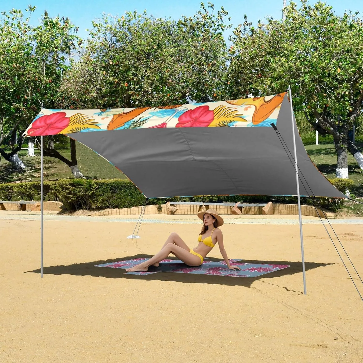 Tropical Hawaiian Tiki Masks Fruit Beach Tent Canopy Outdoor Patio Sun Shade Outside Camping Sun Shelter Custom 9.2 × 10.5 FT Waterproof with Sand Bags Poles