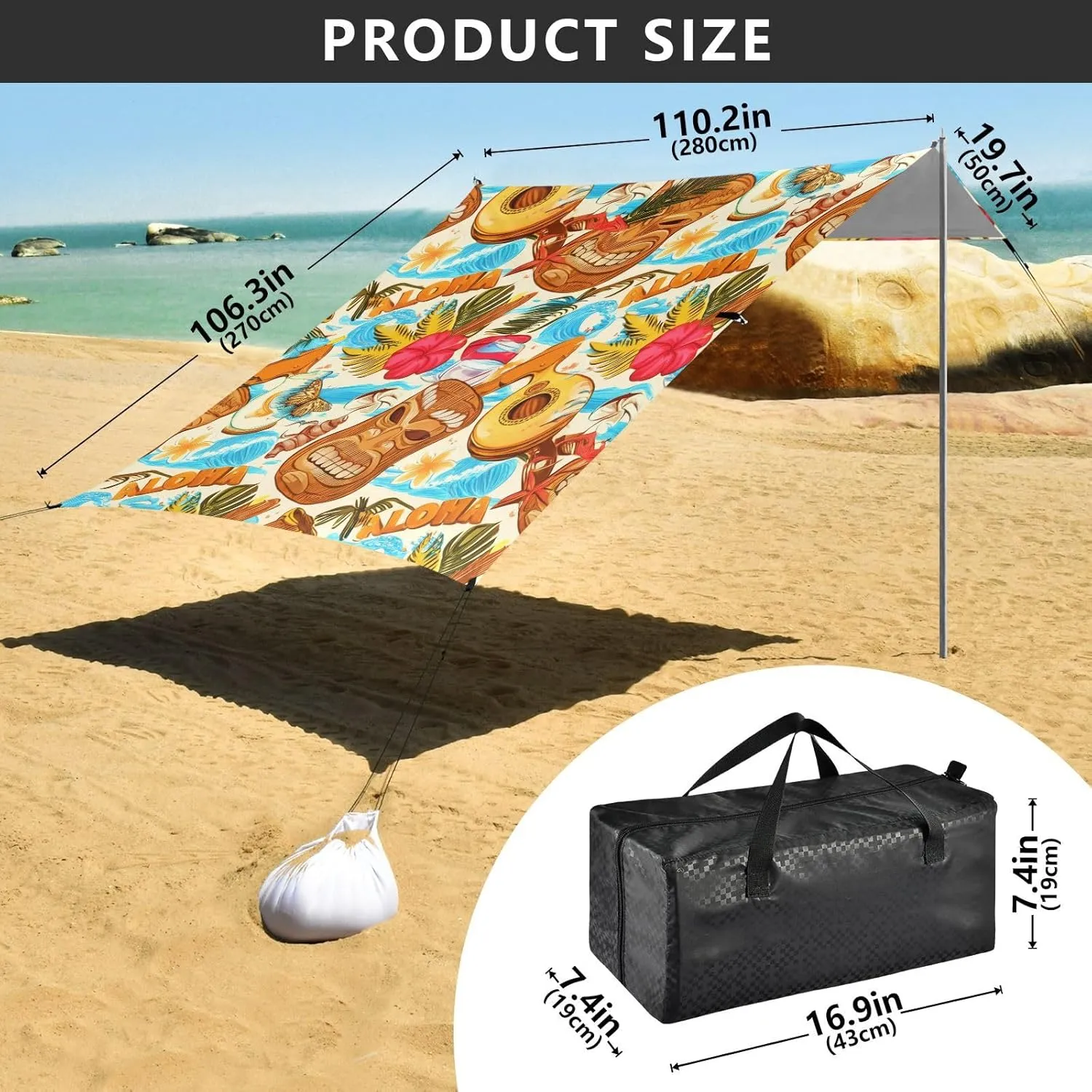 Tropical Hawaiian Tiki Masks Fruit Beach Tent Canopy Outdoor Patio Sun Shade Outside Camping Sun Shelter Custom 9.2 × 10.5 FT Waterproof with Sand Bags Poles