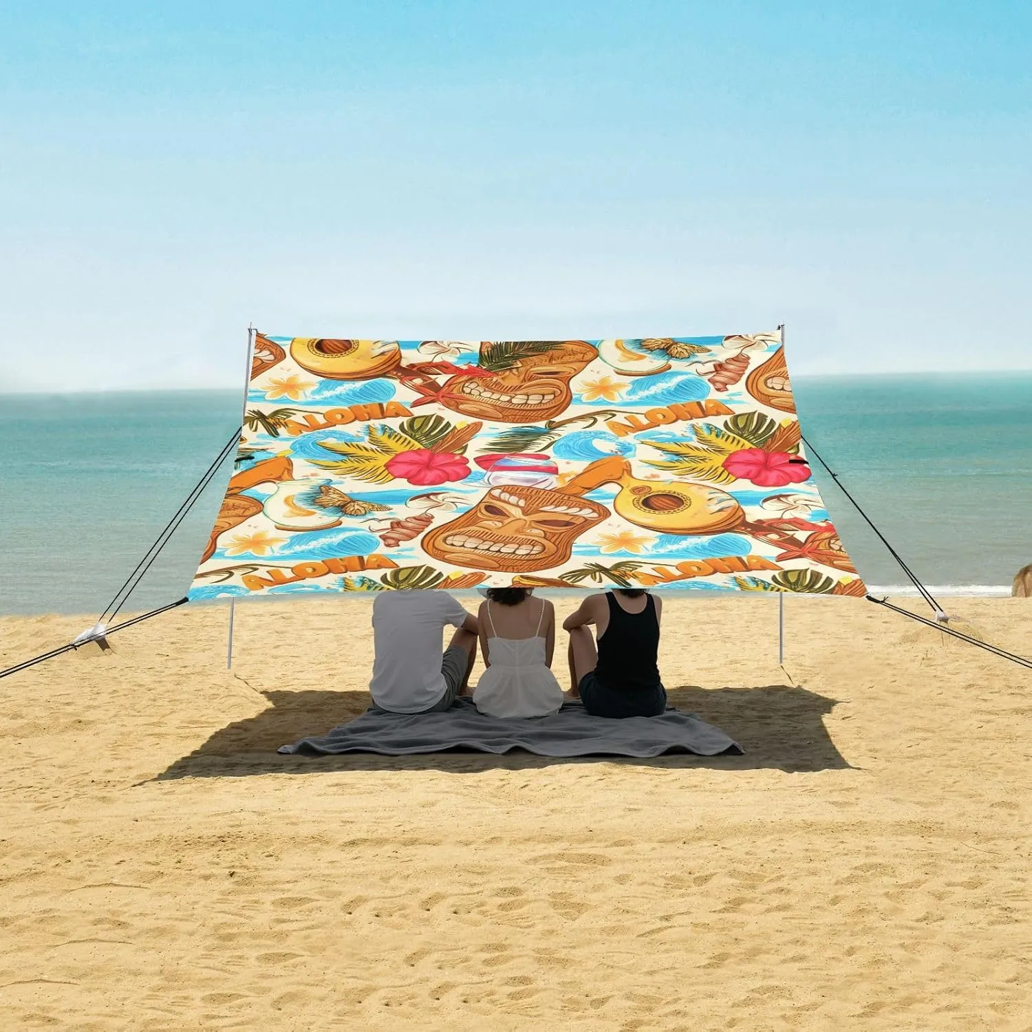 Tropical Hawaiian Tiki Masks Fruit Beach Tent Canopy Outdoor Patio Sun Shade Outside Camping Sun Shelter Custom 9.2 × 10.5 FT Waterproof with Sand Bags Poles