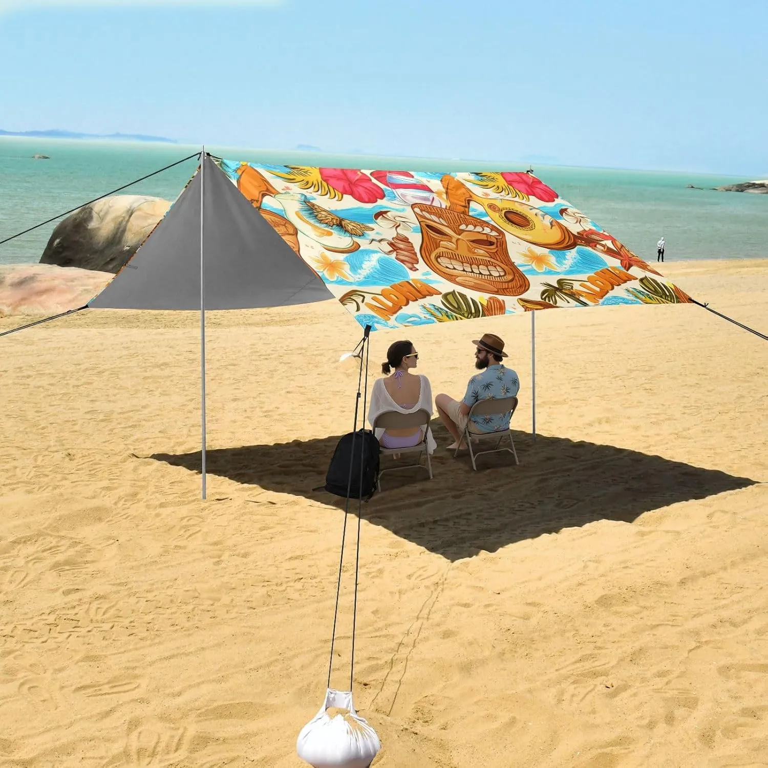 Tropical Hawaiian Tiki Masks Fruit Beach Tent Canopy Outdoor Patio Sun Shade Outside Camping Sun Shelter Custom 9.2 × 10.5 FT Waterproof with Sand Bags Poles