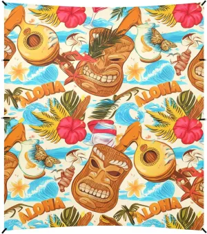 Tropical Hawaiian Tiki Masks Fruit Beach Tent Canopy Outdoor Patio Sun Shade Outside Camping Sun Shelter Custom 9.2 × 10.5 FT Waterproof with Sand Bags Poles