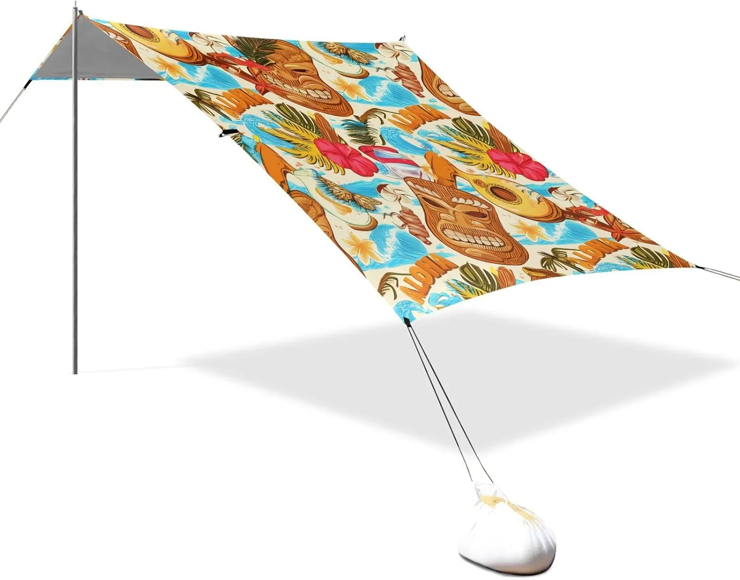 Tropical Hawaiian Tiki Masks Fruit Beach Tent Canopy Outdoor Patio Sun Shade Outside Camping Sun Shelter Custom 9.2 × 10.5 FT Waterproof with Sand Bags Poles