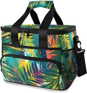 Tropical Palm Leaf Plant Leaves Cooler Bag Insulated Cooler Soft Sided Cooler 24 Can Portable Picnic Bag Large Leakproof Lunch Bag Box for Beach Grocery Camping Travel Car Men Women