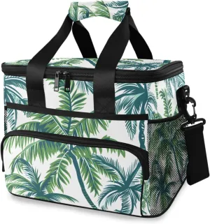 Tropical Pattern Palm Tree Leaves Cooler Bag Insulated Cooler Soft Sided Cooler 24 Can Portable Picnic Bag Large Leakproof Lunch Bag Box for Beach Grocery Camping Travel Car Men Women