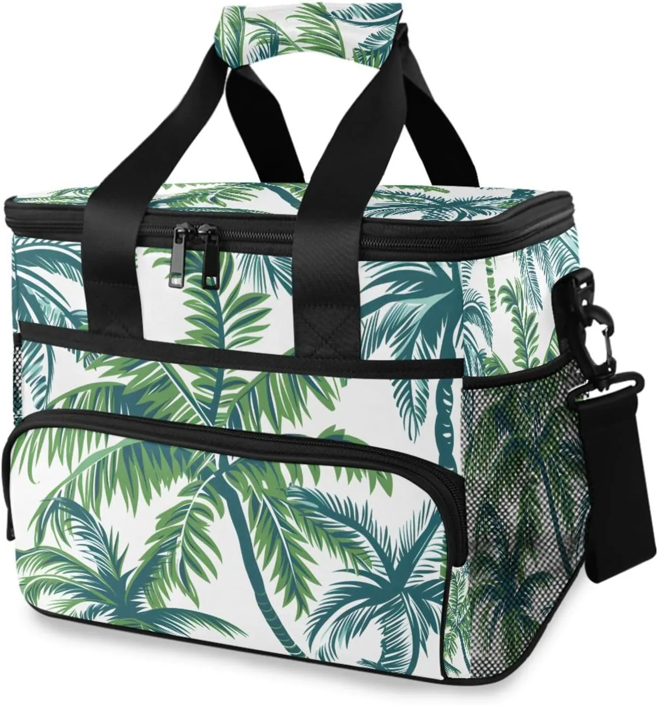 Tropical Pattern Palm Tree Leaves Cooler Bag Insulated Cooler Soft Sided Cooler 24 Can Portable Picnic Bag Large Leakproof Lunch Bag Box for Beach Grocery Camping Travel Car Men Women