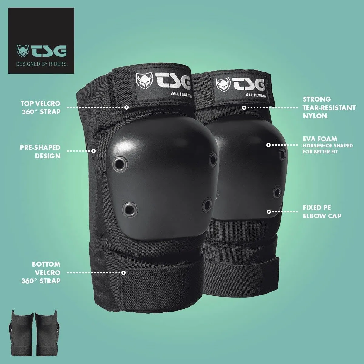 TSG Elbowpad All Terrain Protective Pad, Skateboarding, Hardshell, EVA Foam, PE Knee Pads, Pre Shaped, Horseshoe, Tear Resistant Nylon, 360 Degree Top Strap, Pull Over, Swiss, Black