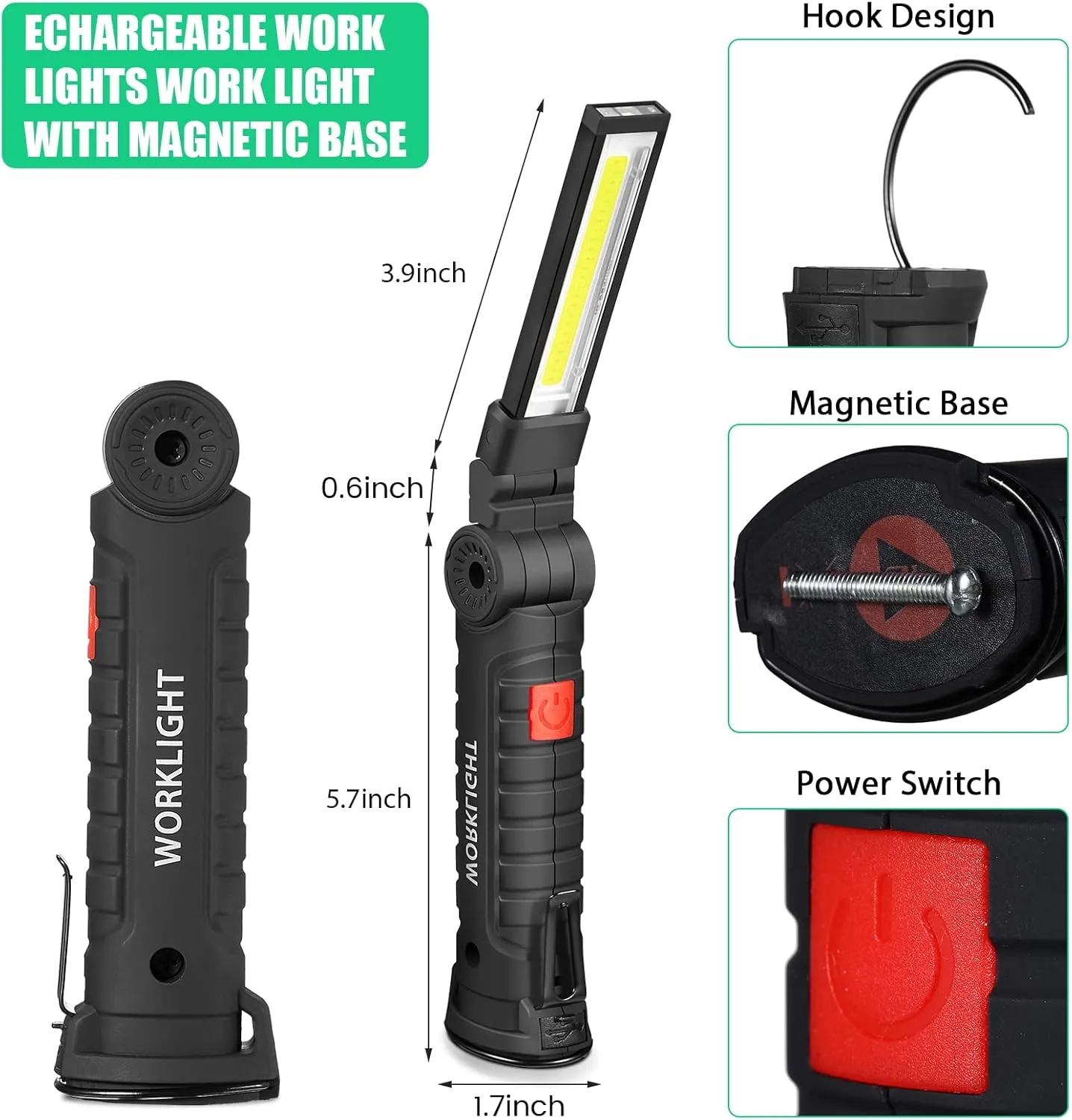 Tuanse 6 Pcs Fathers Day Tool Gifts Rechargeable LED Work Light with Magnetic Base and 360° Rotate Magnetic Flashlights for Mechanics Car Repair Home Garage Camping Gifts for Men Dad (Large)
