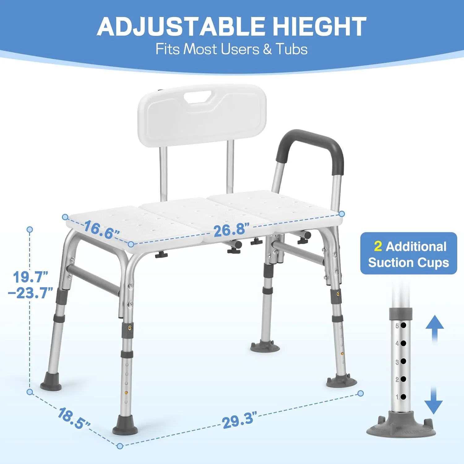 Tub Transfer Bench for Bathtub, 500lb Heavy Duty Shower Chair with Backrest & Padded Armrest, Suction Cups & Anti-Slip Feet, Height Adjustable Shower Bench, Shower Seat for Elderly and Disabled