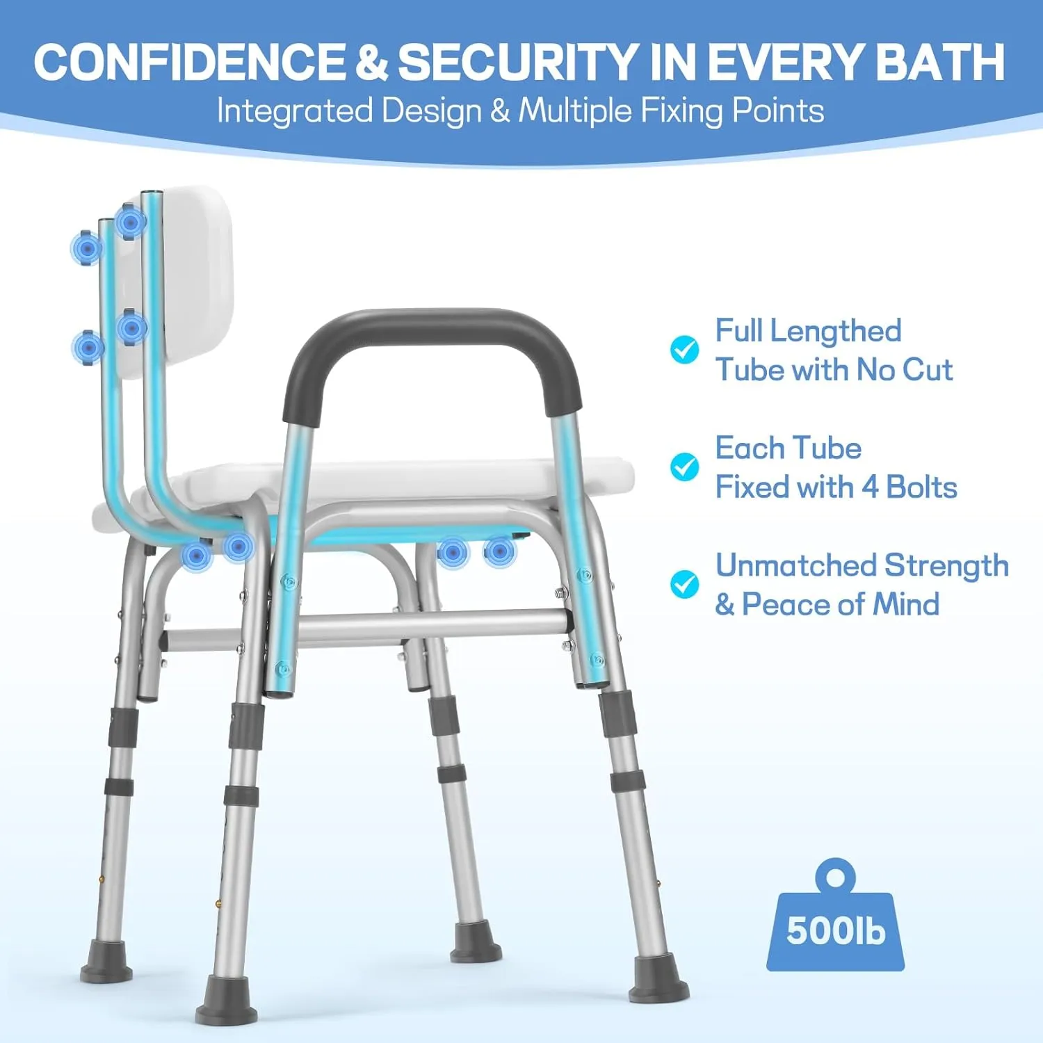 Tub Transfer Bench for Bathtub, 500lb Heavy Duty Shower Chair with Backrest & Padded Armrest, Suction Cups & Anti-Slip Feet, Height Adjustable Shower Bench, Shower Seat for Elderly and Disabled