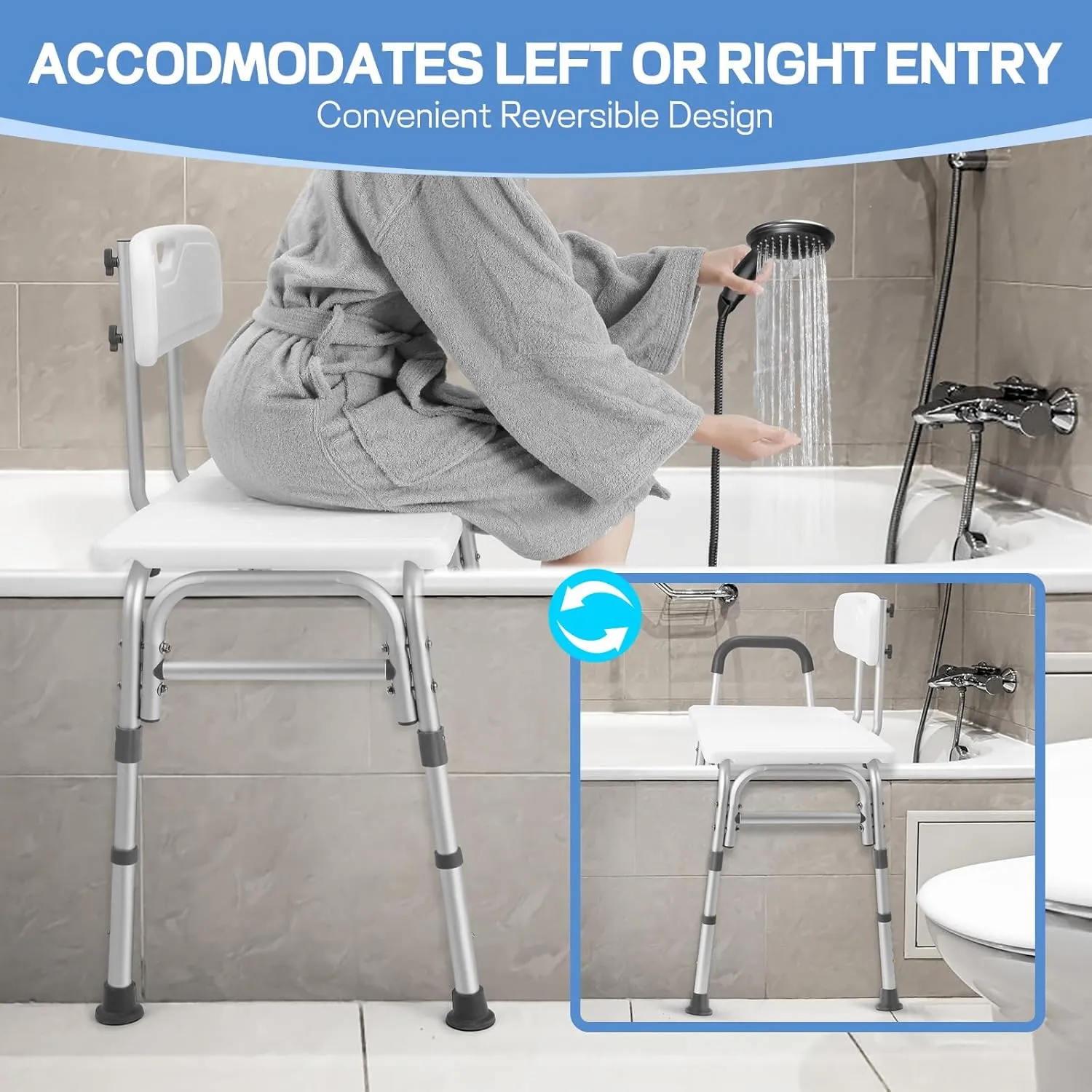Tub Transfer Bench for Bathtub, 500lb Heavy Duty Shower Chair with Backrest & Padded Armrest, Suction Cups & Anti-Slip Feet, Height Adjustable Shower Bench, Shower Seat for Elderly and Disabled