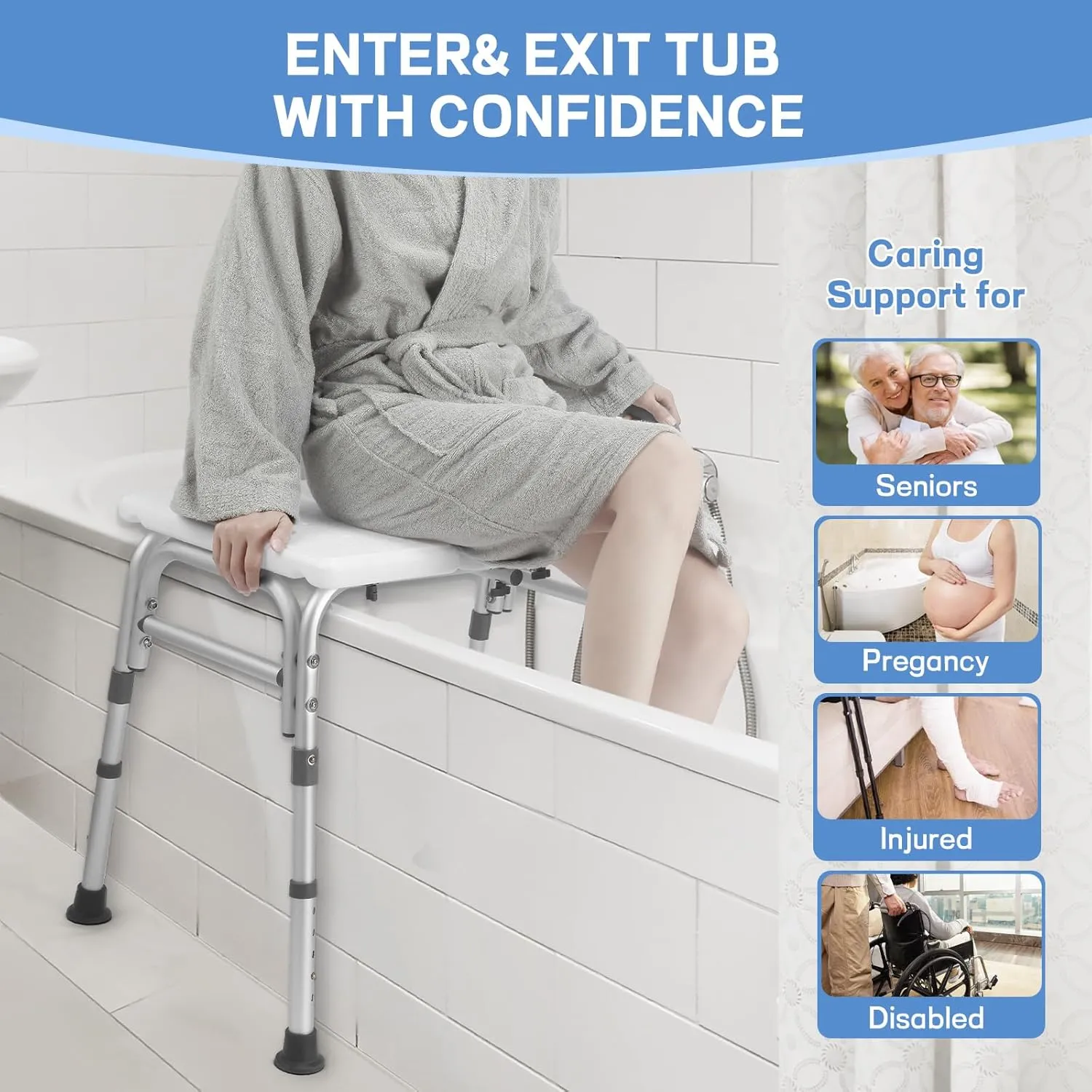 Tub Transfer Bench for Bathtub, 500lb Heavy Duty Shower Chair with Backrest & Padded Armrest, Suction Cups & Anti-Slip Feet, Height Adjustable Shower Bench, Shower Seat for Elderly and Disabled