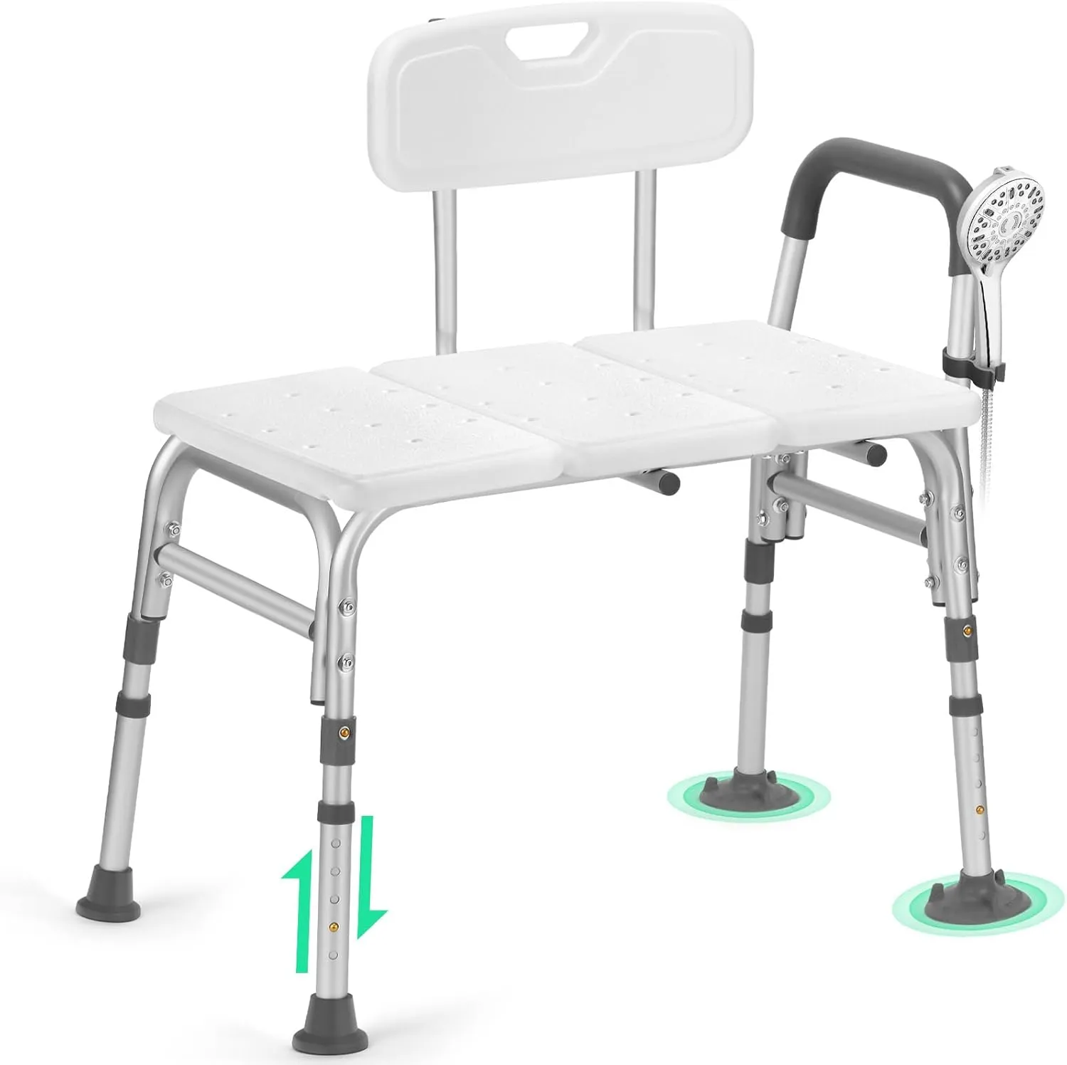 Tub Transfer Bench for Bathtub, 500lb Heavy Duty Shower Chair with Backrest & Padded Armrest, Suction Cups & Anti-Slip Feet, Height Adjustable Shower Bench, Shower Seat for Elderly and Disabled