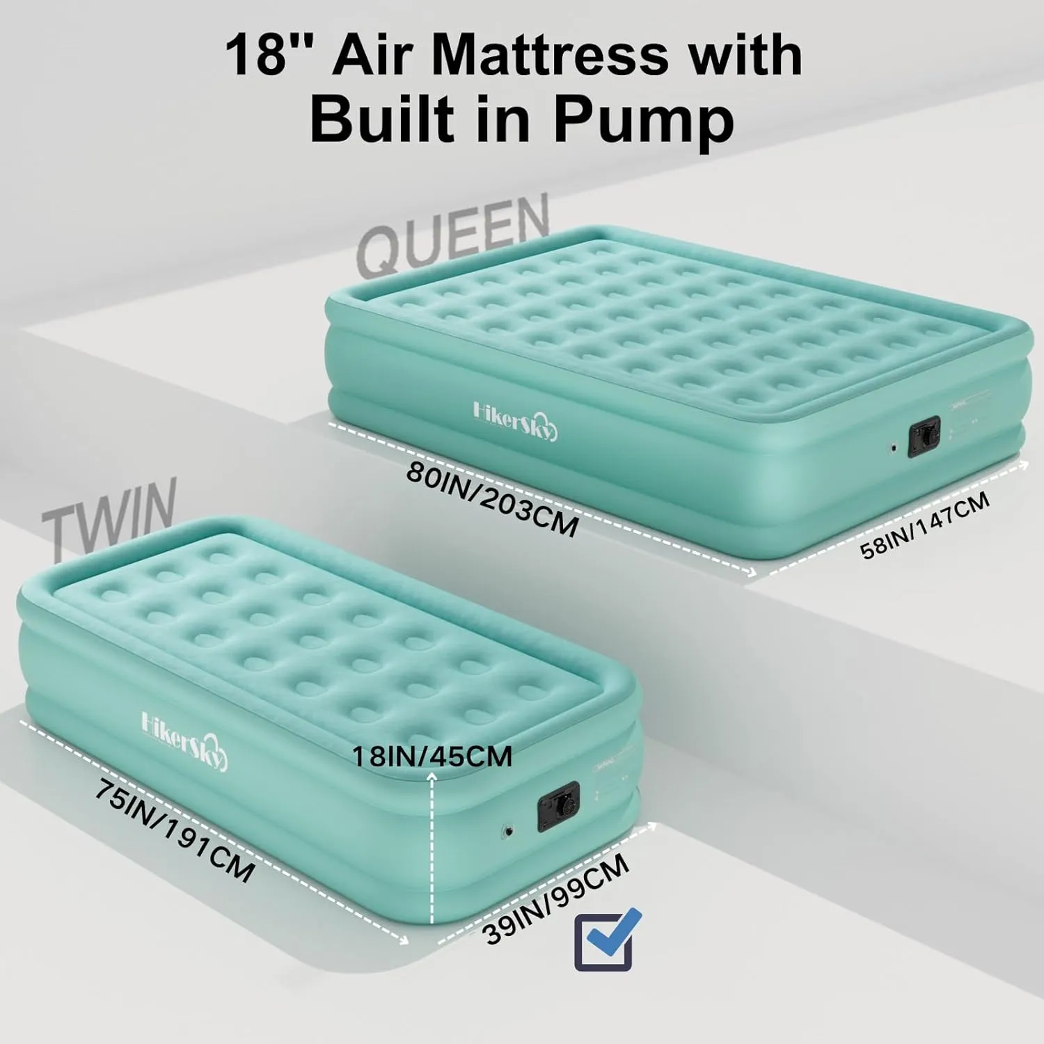 Twin Air Mattress with Built-in Pump, Single Air Bed with Portable Storage Bag, 18'' Blow up Mattress Suitable for Home and Guests, Top Flocking, 18" Twin Turquoise
