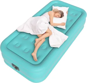 Twin Air Mattress with Built-in Pump, Single Air Bed with Portable Storage Bag, 18'' Blow up Mattress Suitable for Home and Guests, Top Flocking, 18" Twin Turquoise