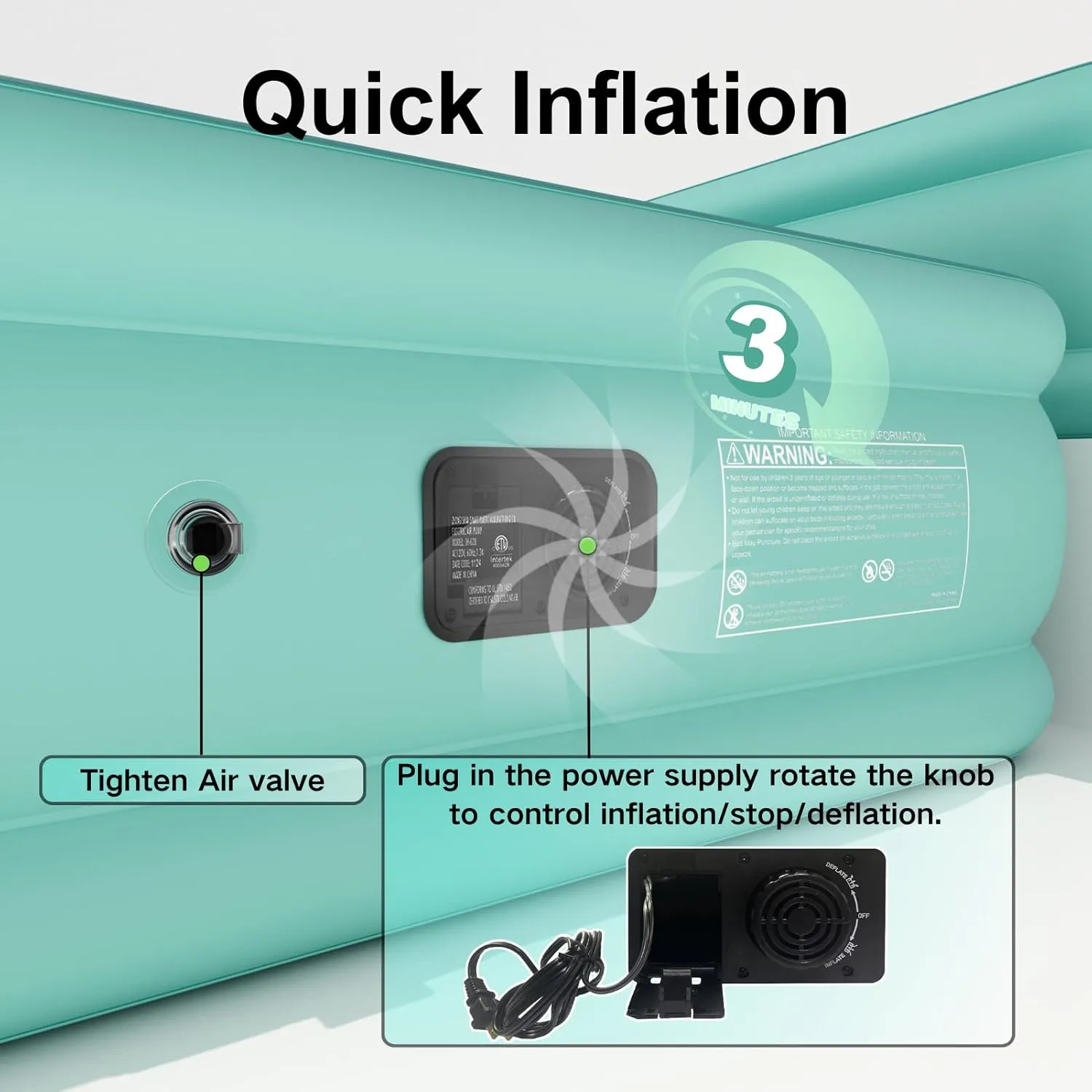 Twin Air Mattress with Built-in Pump, Single Air Bed with Portable Storage Bag, 18'' Blow up Mattress Suitable for Home and Guests, Top Flocking, 18" Twin Turquoise