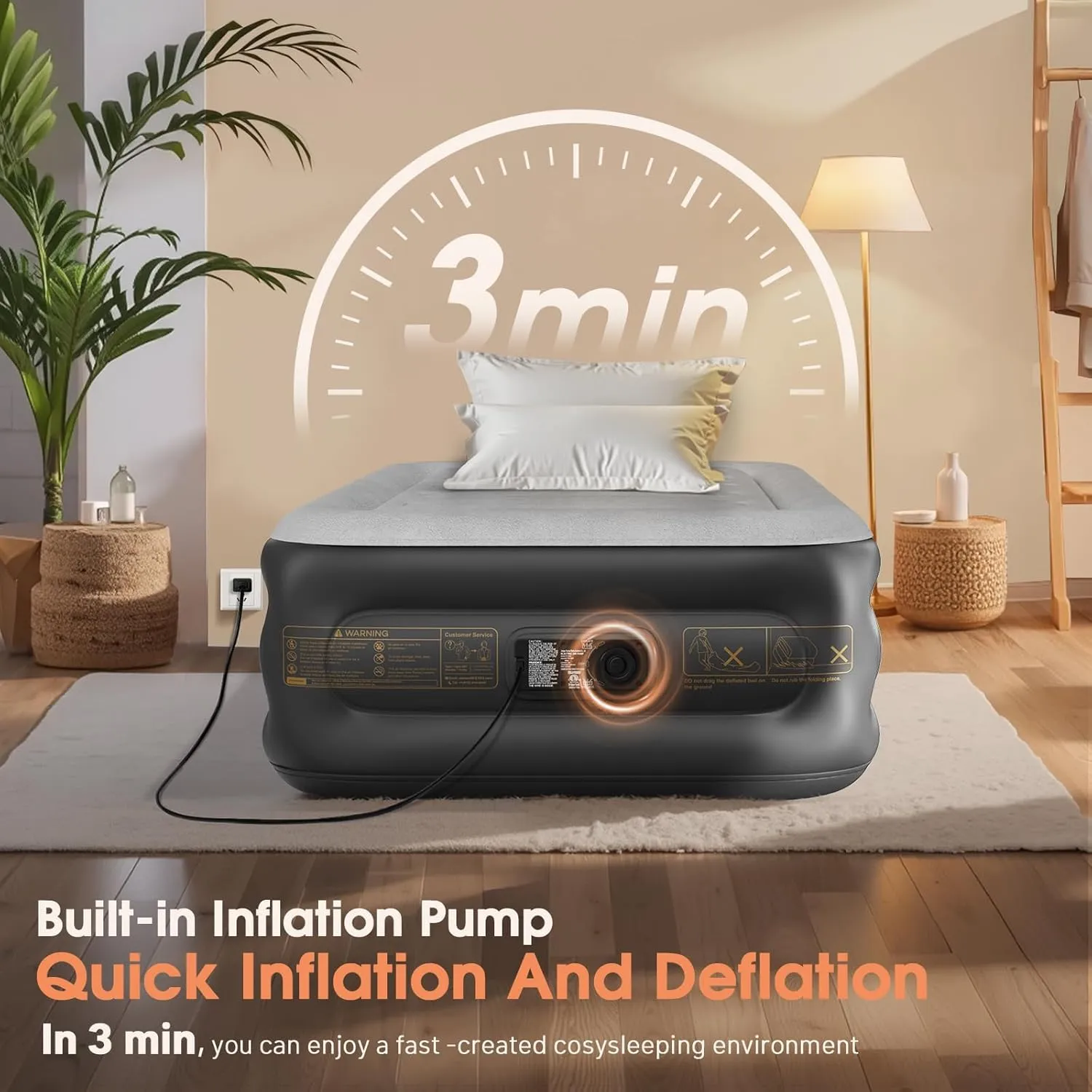Twin Air Mattress with Built in Pump,18''Inflatable Mattress 2 Mins Self-Inflation/Deflation,Thicker Blow up Mattress Leak-Proof,Flocked Top Air Bed with Storage Bag for Home, Camping & Guests
