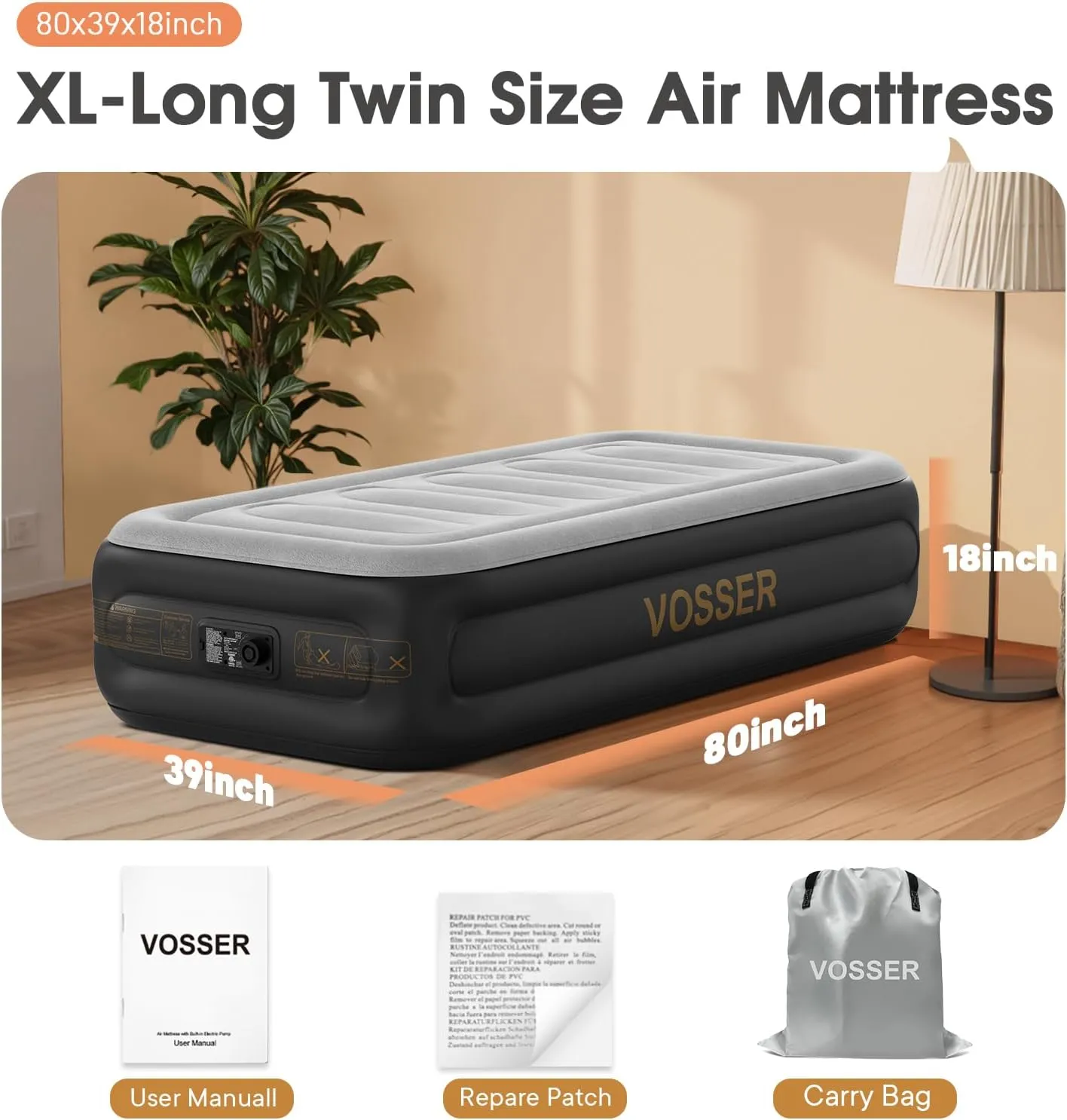 Twin Air Mattress with Built in Pump,18''Inflatable Mattress 2 Mins Self-Inflation/Deflation,Thicker Blow up Mattress Leak-Proof,Flocked Top Air Bed with Storage Bag for Home, Camping & Guests