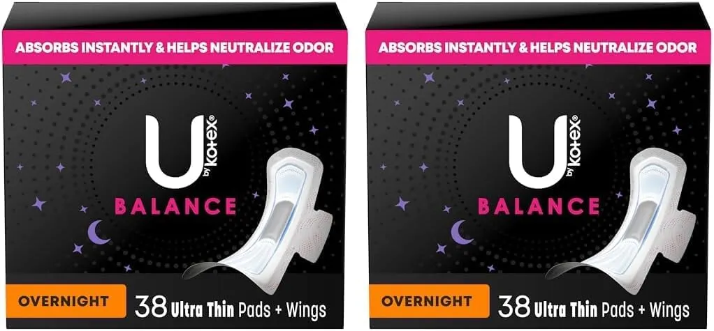 U by Kotex Balance Ultra Thin Overnight Pads with Wings, 38 Count (Pack of 2)