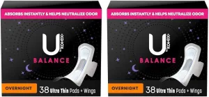 U by Kotex Balance Ultra Thin Overnight Pads with Wings, 38 Count (Pack of 2)