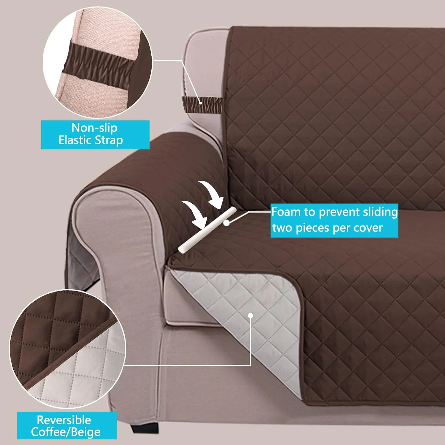 U-NICE HOME Large Sofa Cover Reversible Couch Cover for Dogs with Elastic Straps Water Resistant Furniture Protector for Pets Couch Cover for 4 Cushion Couch (Oversized Sofa, Coffee/Beige)