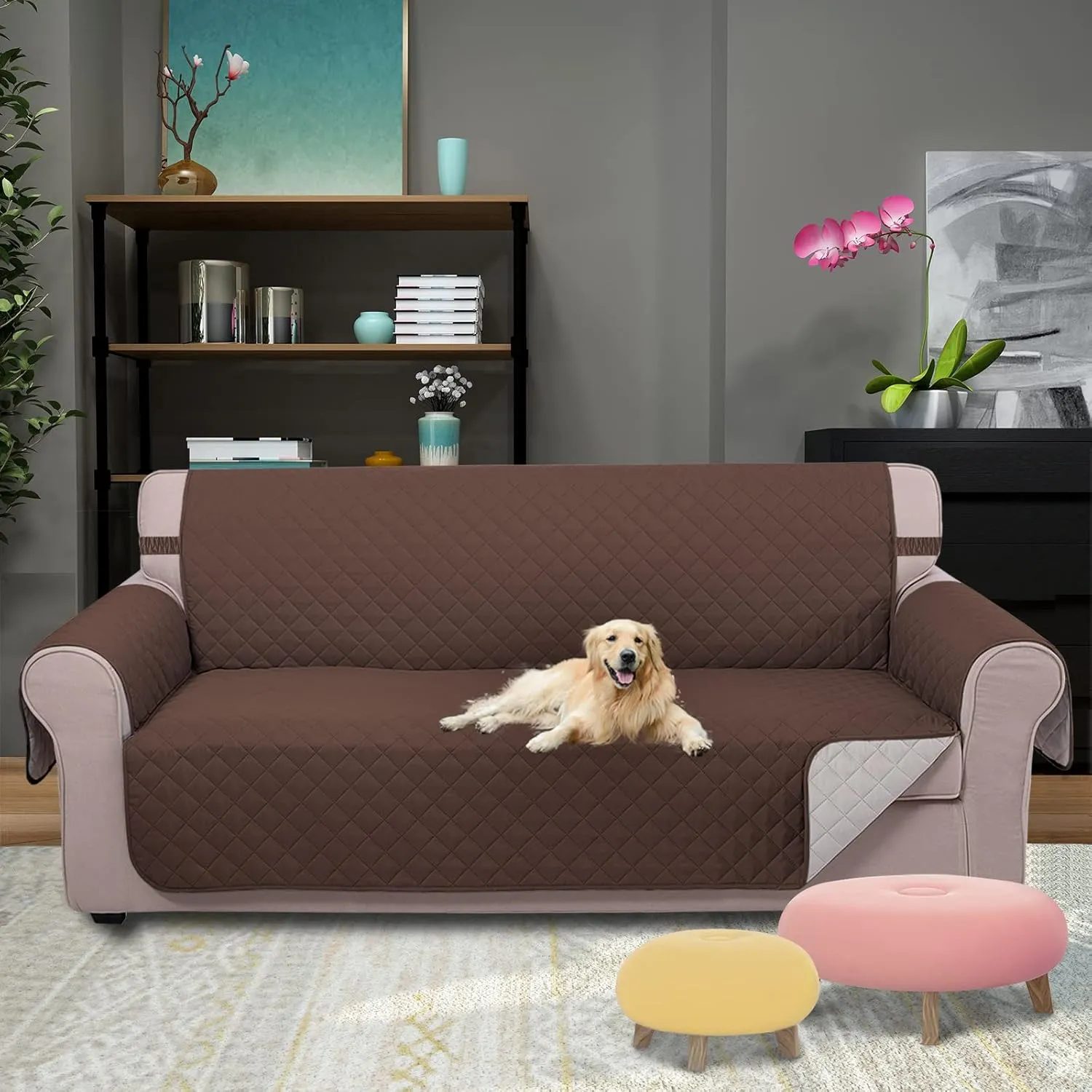 U-NICE HOME Large Sofa Cover Reversible Couch Cover for Dogs with Elastic Straps Water Resistant Furniture Protector for Pets Couch Cover for 4 Cushion Couch (Oversized Sofa, Coffee/Beige)