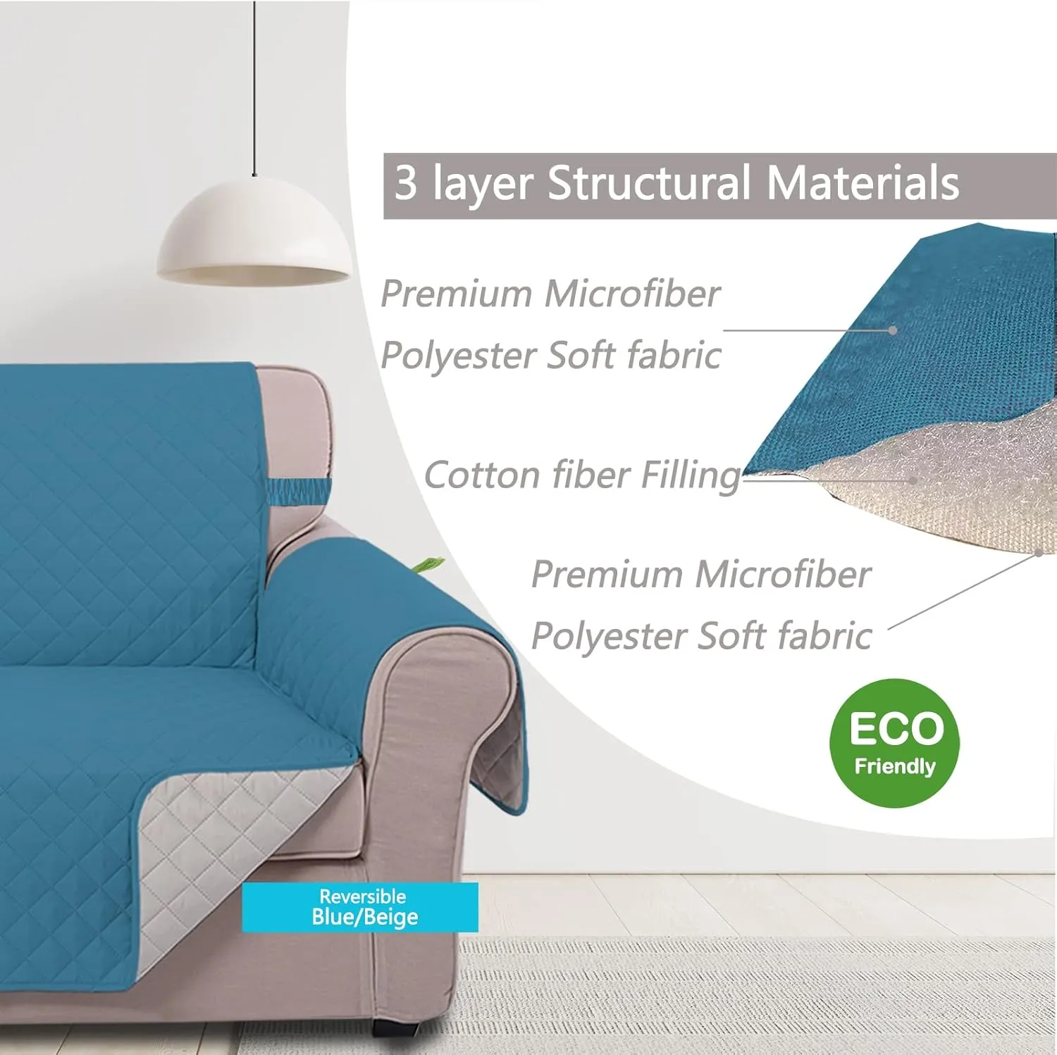 U-NICE HOME Reversible Sofa Cover Couch Cover for Dogs with Elastic Straps Water Resistant Furniture Protector for Pets Couch Cover for 3 Cushion Couch (Sofa, Blue/Beige)