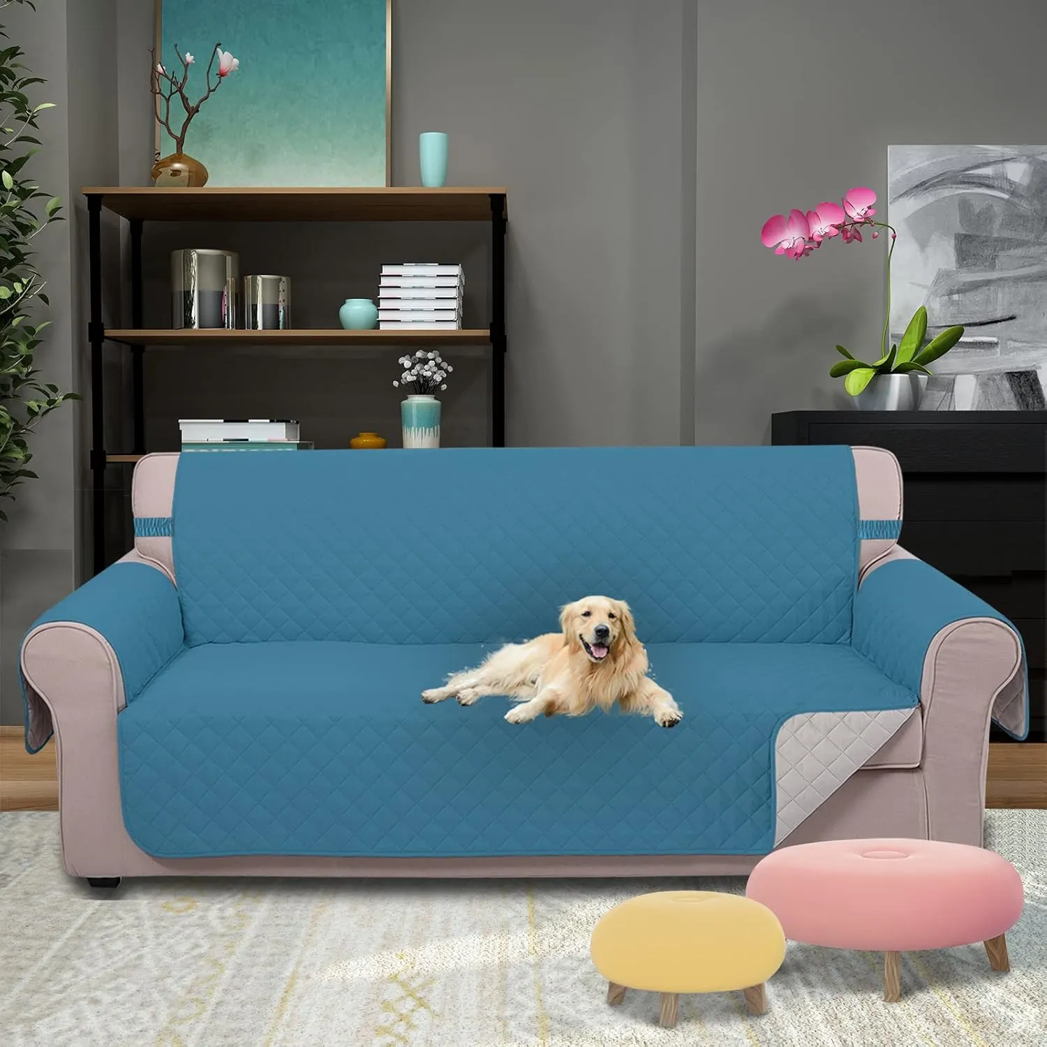 U-NICE HOME Reversible Sofa Cover Couch Cover for Dogs with Elastic Straps Water Resistant Furniture Protector for Pets Couch Cover for 3 Cushion Couch (Sofa, Blue/Beige)