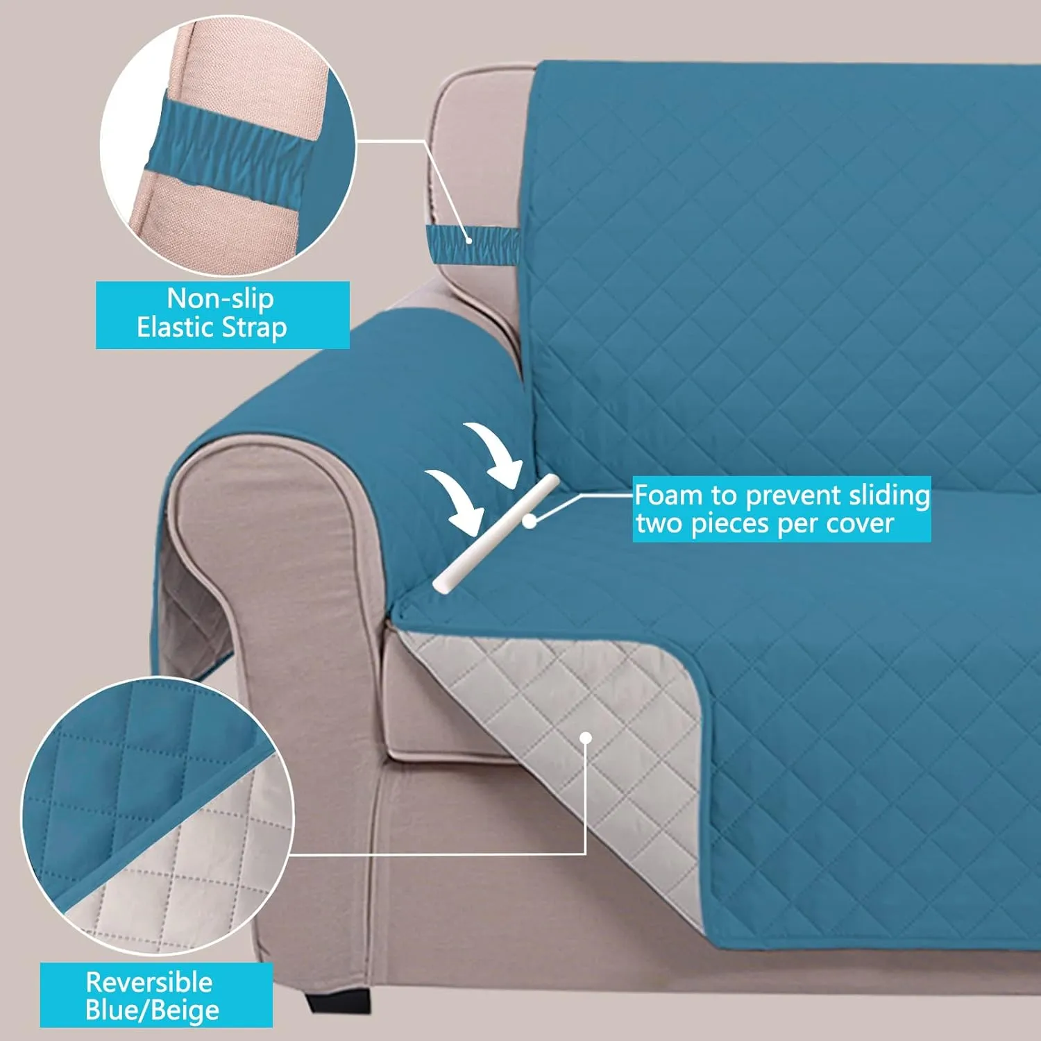 U-NICE HOME Reversible Sofa Cover Couch Cover for Dogs with Elastic Straps Water Resistant Furniture Protector for Pets Couch Cover for 3 Cushion Couch (Sofa, Blue/Beige)