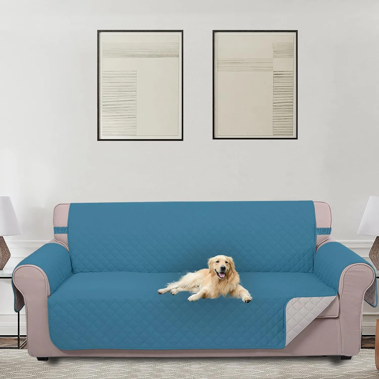 U-NICE HOME Reversible Sofa Cover Couch Cover for Dogs with Elastic Straps Water Resistant Furniture Protector for Pets Couch Cover for 3 Cushion Couch (Sofa, Blue/Beige)