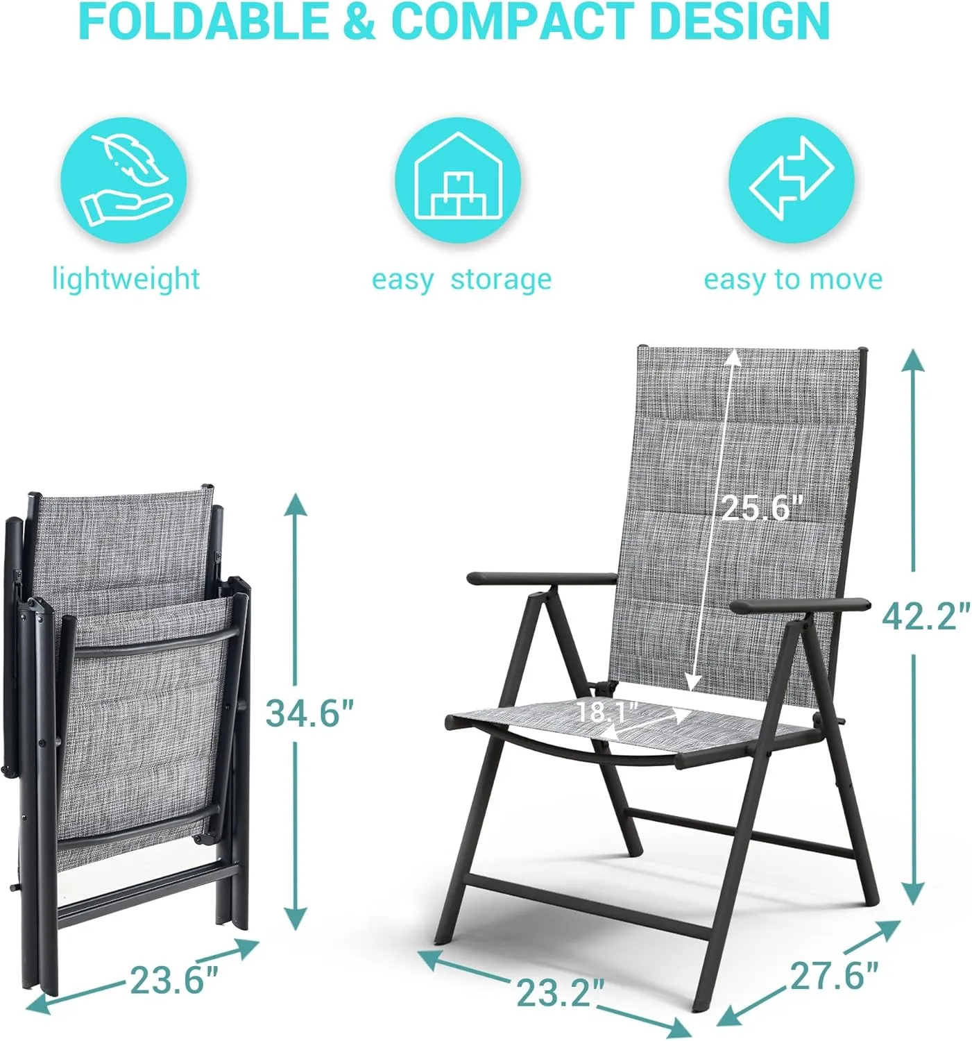 UDPATIO Patio Folding Dining Chairs Set of 2, Folding Lawn Chairs for Adults with Padded All Weather Breathable Textilene, Portable with Steel Frame for Outside, No Assembly, Grey White