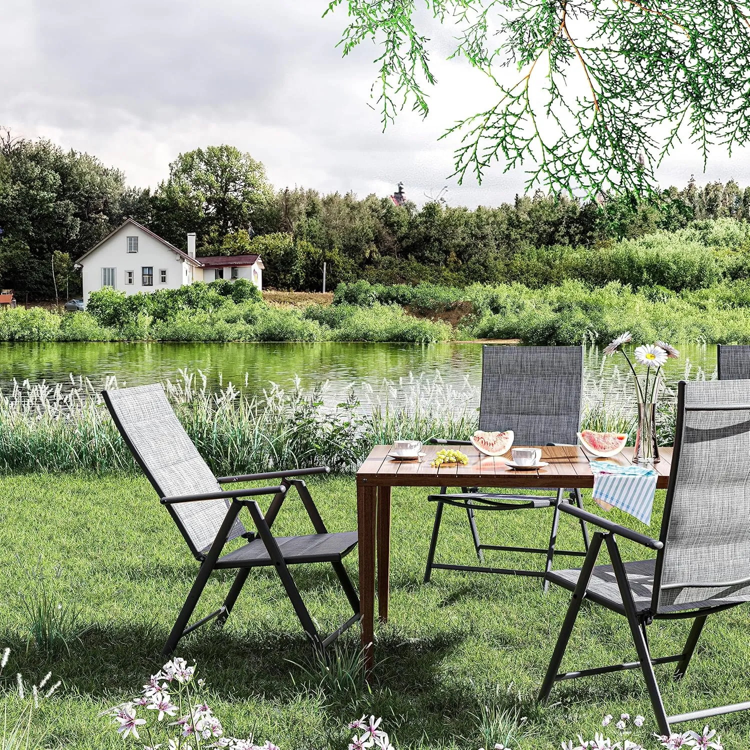 UDPATIO Patio Folding Dining Chairs Set of 2, Folding Lawn Chairs for Adults with Padded All Weather Breathable Textilene, Portable with Steel Frame for Outside, No Assembly, Grey White