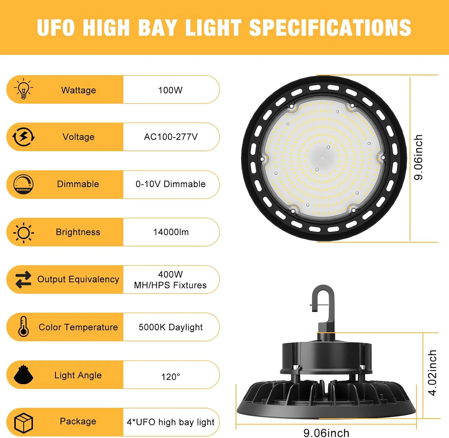 UFO LED High Bay Light 100W 8Pack, High Bay LED Shop Lights 14,000LM Dimmable, 6' Cable with US Plug, Hanging Hook, Safe Rope, High Bay LED Light for Warehouse Factory Barn Shop