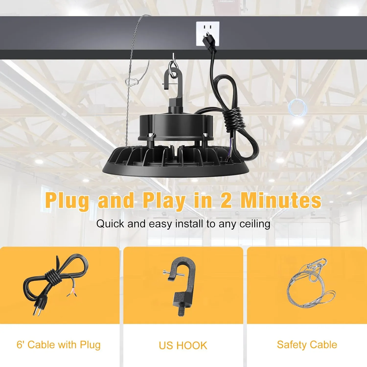 UFO LED High Bay Light 100W 8Pack, High Bay LED Shop Lights 14,000LM Dimmable, 6' Cable with US Plug, Hanging Hook, Safe Rope, High Bay LED Light for Warehouse Factory Barn Shop