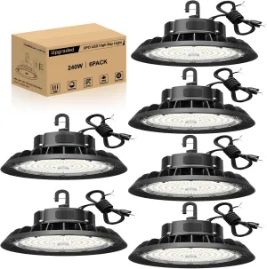 UFO LED High Bay Light 240W 6 Pack, High Bay LED Shop Light 36,000LM 0-10V Dimmable, 5' Cable with US Plug, Hanging Hook, Safe Rope, ETL Listed High Bay for Warehouse Factory Barn Shop