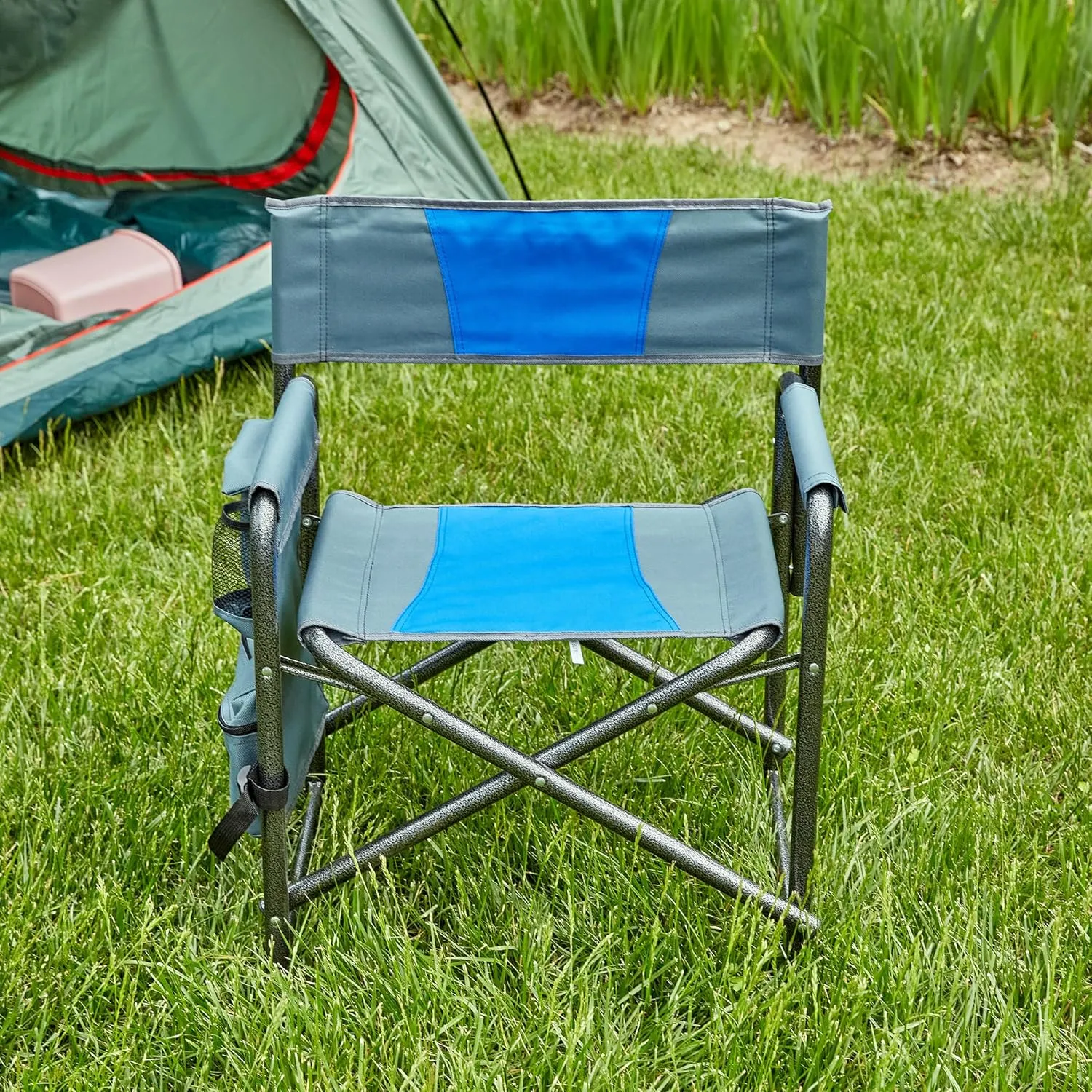 Ultimate Comfort with Padded Folding Outdoor Chair, Lightweight and Oversized with Storage Pockets, for Camping and Picnics, Blue/Grey
