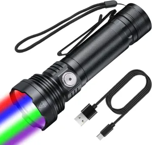 ULTRAFIRE ET28S 5 Color Tactical Multicolor Mini Flashlight Rechargeable White Blue Green Red UV 365nm 5 Light RGB LED Torch for Night Hunting Light, Fishing, Camping Hiking
