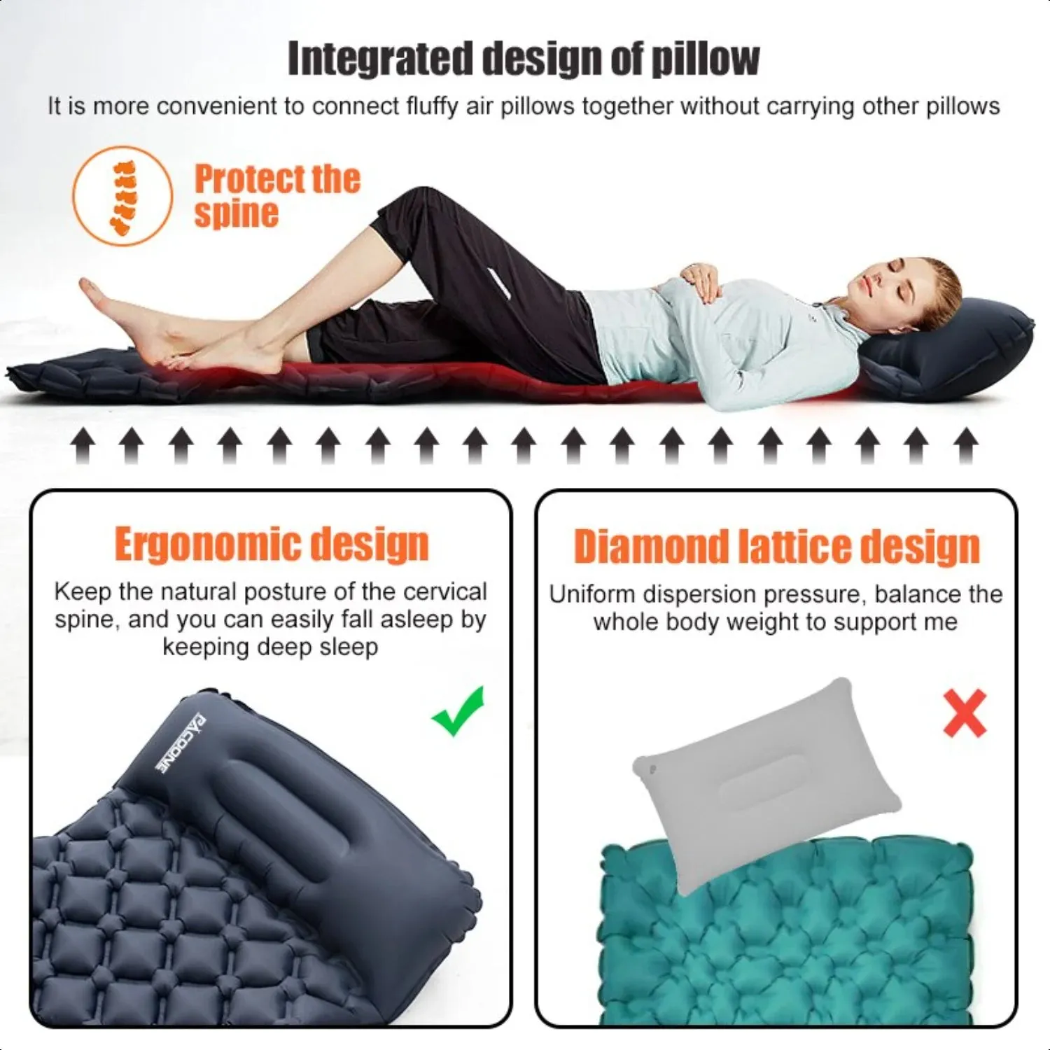 Ultralight Folding Inflatable Sleeping Pad with Pillows for Camping and Travel
