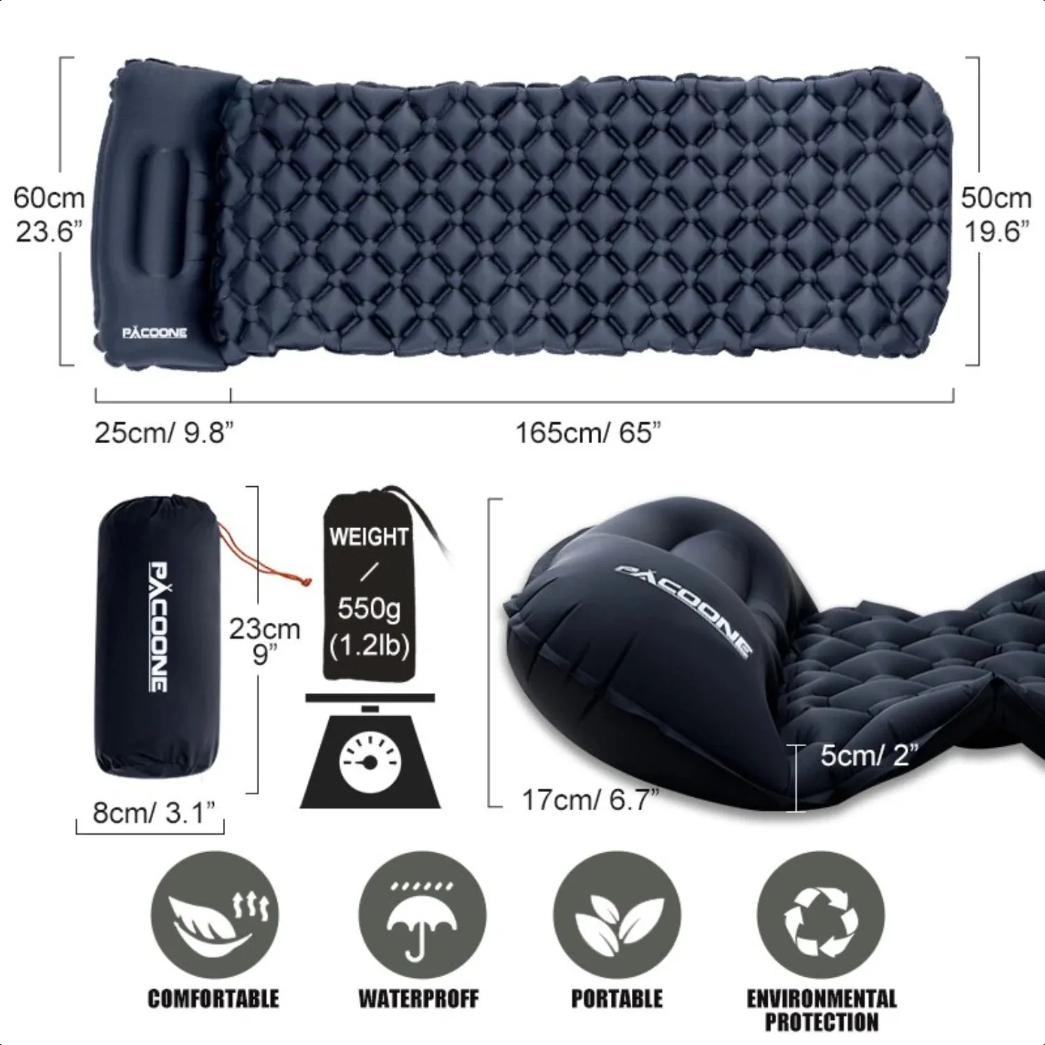Ultralight Folding Inflatable Sleeping Pad with Pillows for Camping and Travel