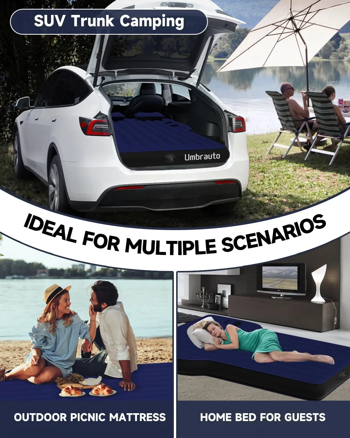 Umbrauto Air Mattress for Tesla Model Y, Inflatable Camping Airbed for SUV Trunk, Fodable Sleeping Pad with Air Pump and Storage Bag for Road Trip Travel