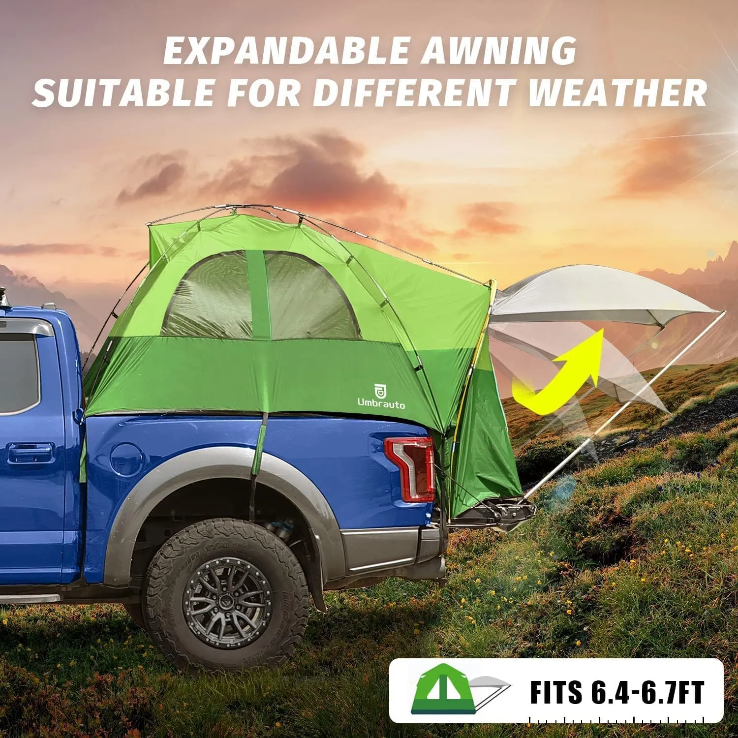 Umbrauto Truck Bed Tent with Awning: 6.4-6.7FT PU3000mm Waterproof Tailgate Pickup Truck Tents, Easy Set-up for 2 Person, Fits Full Size Short Bed, Chevy, Dodge, Ford, GMC, Lime